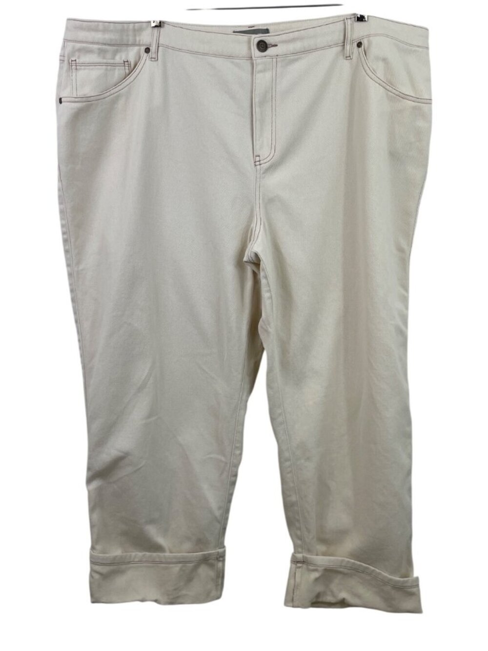 Falls Creek Womens Plus Size 24 Creme Slim Fit Cropped Denim Pants Cuffed Hem